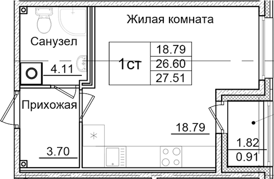 Квартира студия 27.51 м², 2/9 эт., ЖК «Квартал Заречье»